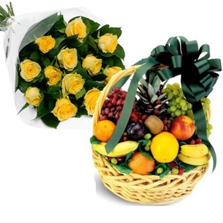 Fruit basket with 12 yellow roses product1005